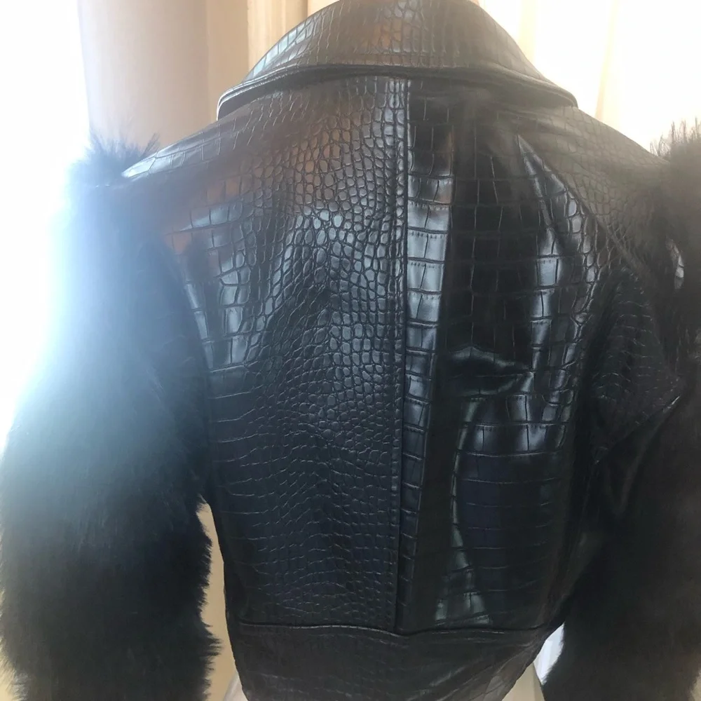 Black Croc-Embossed Faux Leather Moto Jacket with Faux Fur Sleeves
